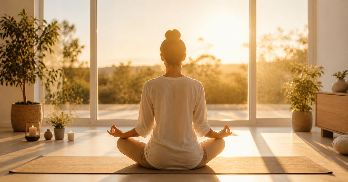 A person meditating in a bright, minimalist room at sunrise with soft natural light, creating a calm and peaceful atmosphere symbolizing mental clarity, focus, wellness, and productivity.