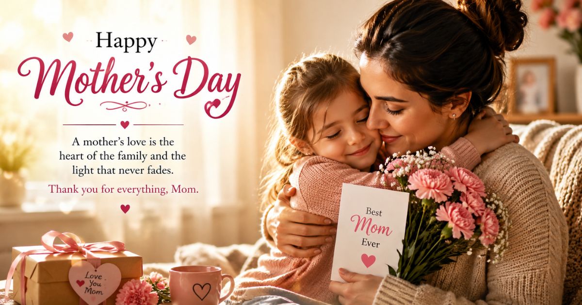 Emotional Mother’s Day moment showing a loving mother hugging her child with warm light and flowers