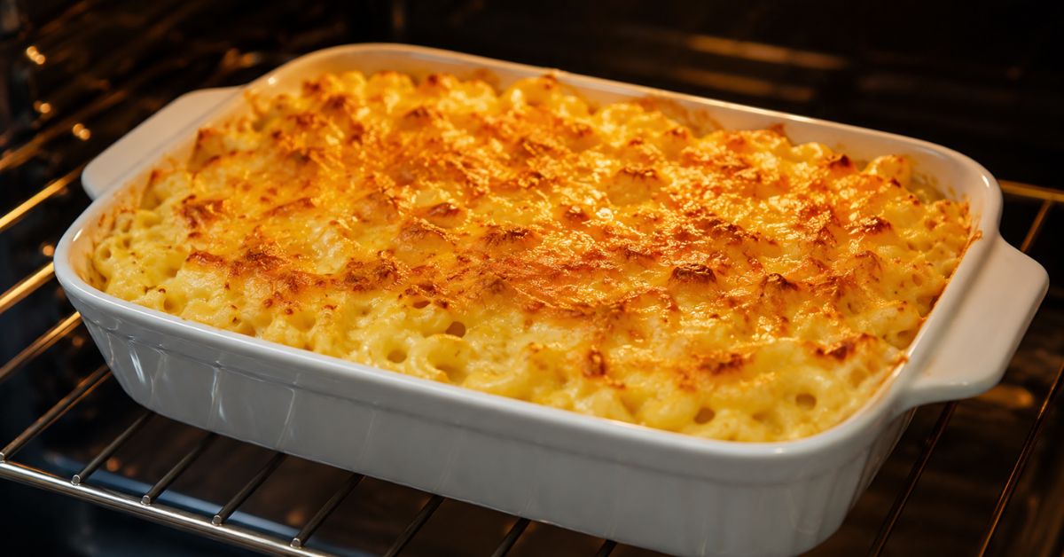 A close-up view of baked macaroni and cheese in a white ceramic baking dish inside an oven, topped with a golden, crispy, bubbling cheese crust, glowing with warm oven light.