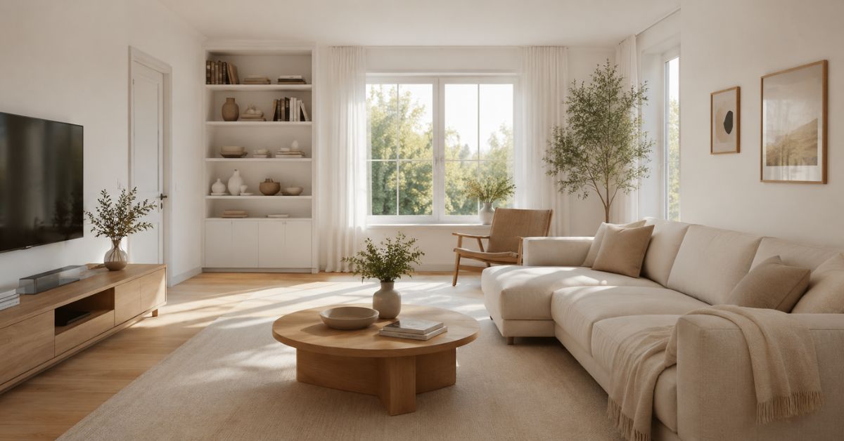 Bright minimalist Scandinavian living room after decluttering, showcasing Simple Decluttering Ideas with clean white walls, beige sofa, organized shelves, and natural sunlight creating a calm, clutter-free atmosphere.