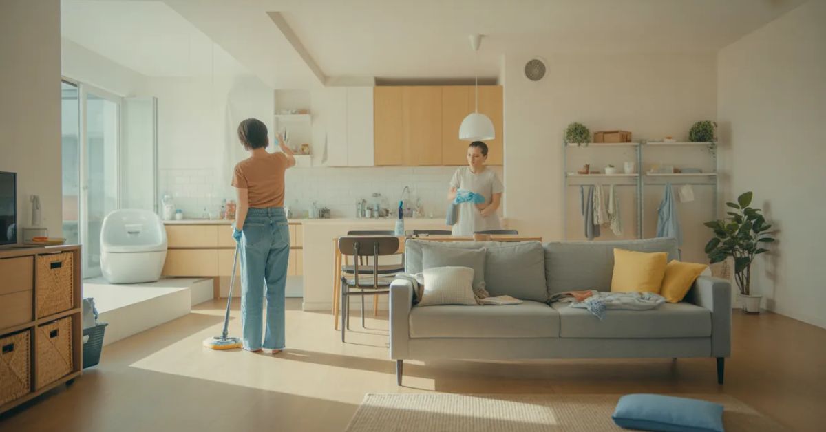 “Home odor removal tips showing daily cleaning routine and organized clean home interior”