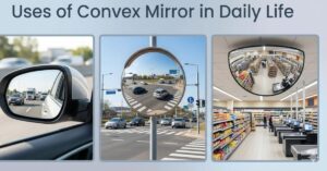 Uses of convex mirror in daily life showing vehicles, traffic safety mirrors, and security mirrors in real-world environments