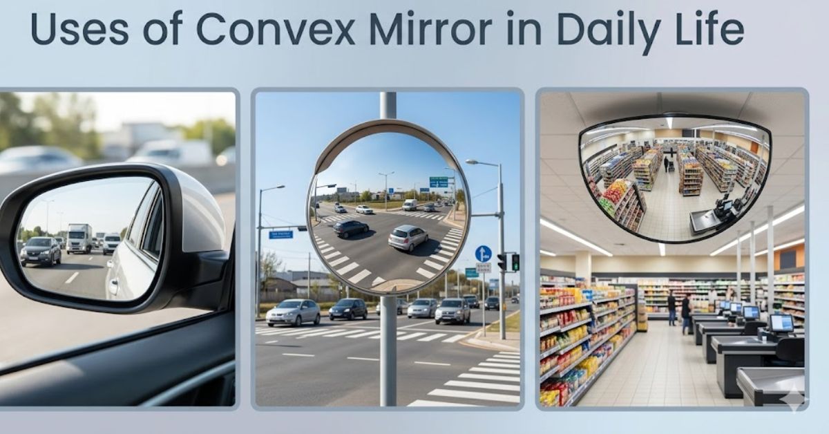 Uses of convex mirror in daily life showing vehicles, traffic safety mirrors, and security mirrors in real-world environments