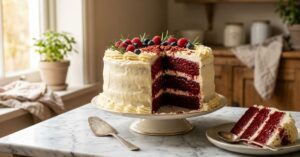 A bakery-style red velvet cake on a marble kitchen counter with creamy frosting, soft natural light, and a slice revealing moist red layers
