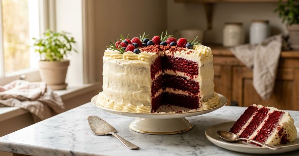 A bakery-style red velvet cake on a marble kitchen counter with creamy frosting, soft natural light, and a slice revealing moist red layers