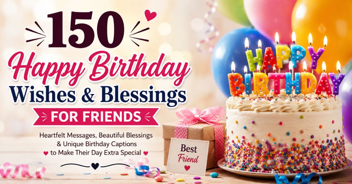 Birthday cake with candles and balloons with text 150 happy birthday wishes and blessings for friends