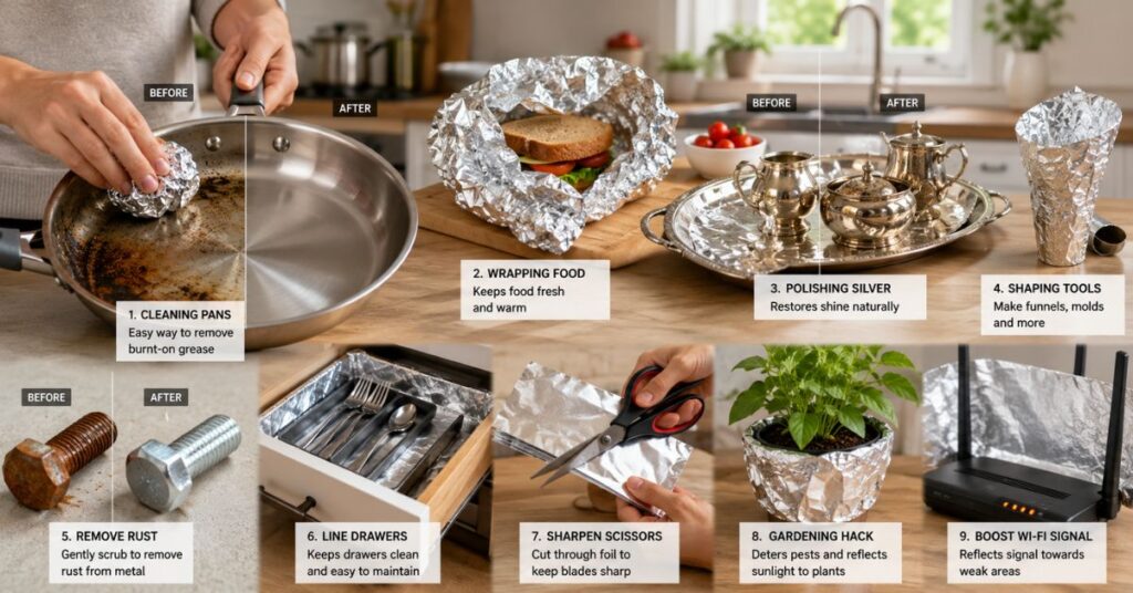 creative uses for aluminum foil at home including cleaning, polishing, and smart household hacks