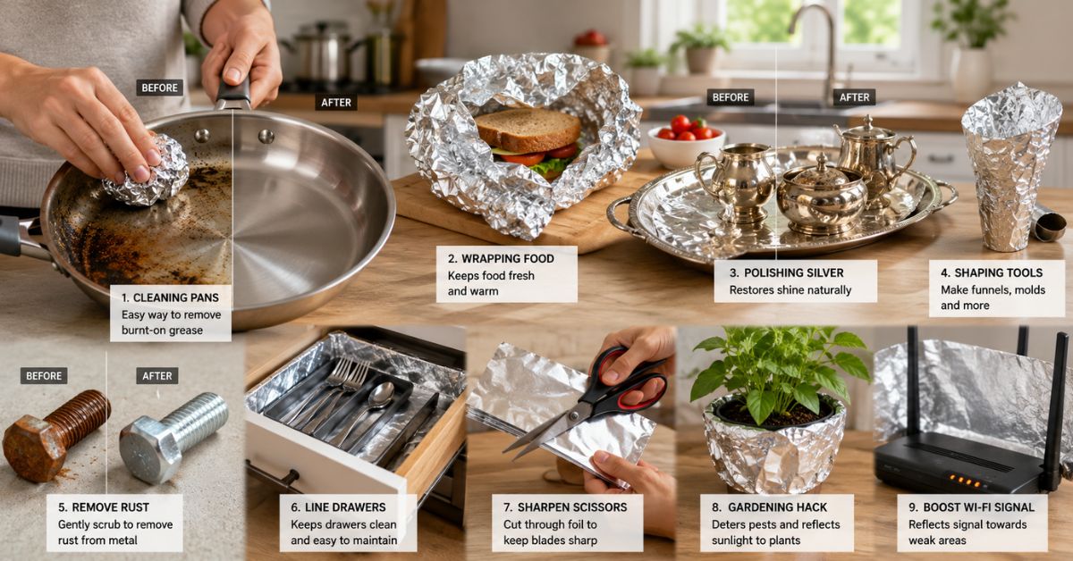 creative uses for aluminum foil at home including cleaning, polishing, and smart household hacks