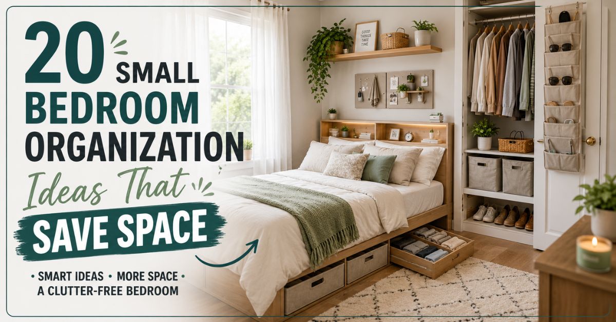 Minimalist organized small bedroom with built-in storage and text overlay reading “20 Small Bedroom Organization Ideas That Save Space.”