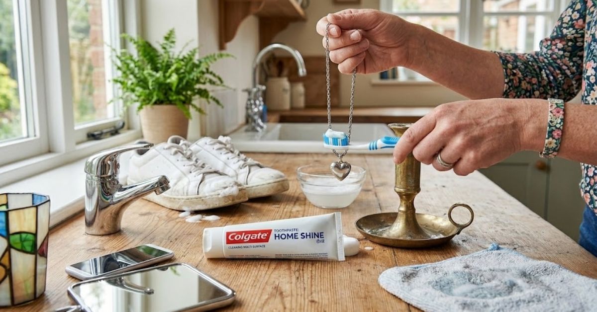 A person cleaning various household items like a silver necklace, white sneakers, and a mirror using toothpaste and a toothbrush on a kitchen countertop.