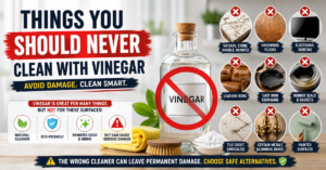 things you should never clean with vinegar infographic showing marble hardwood floors electronics leather cast iron and rubber seals with damage warning