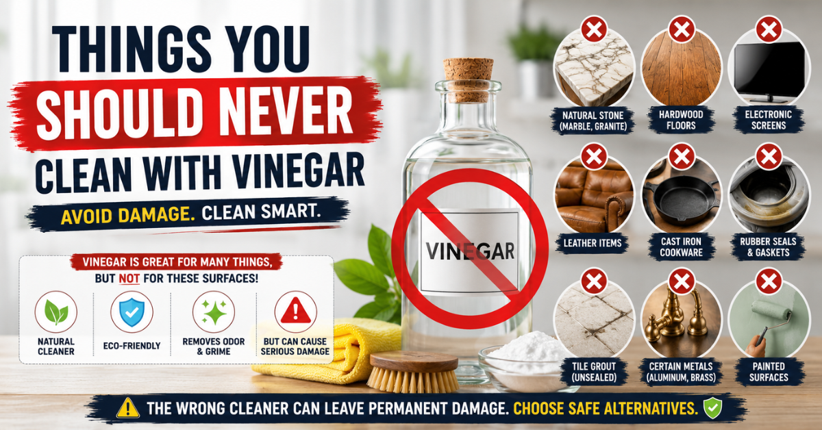 vinegar cleaning mistakes infographic showing surfaces you should not clean with vinegar
