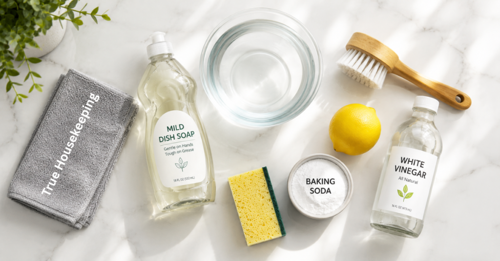 Essential air fryer cleaning tools on a kitchen counter