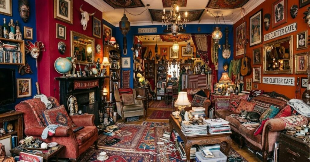 Messy living room with clutter, scattered items, disorganized furniture, and limited space shown in a realistic high-detail indoor scene.