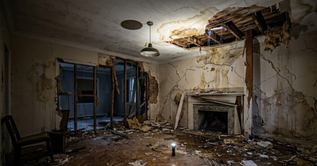 Damaged house interior with a leaking ceiling, cracked walls, and broken structural elements shown in dramatic lighting in a realistic home damage scene.