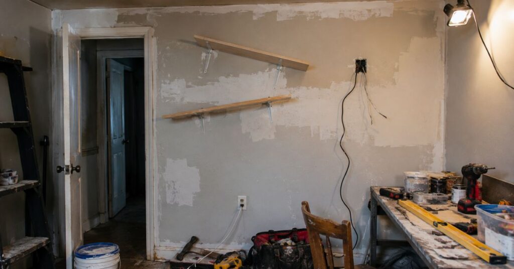 Poorly done DIY home repair scene showing uneven wall paint, crooked shelves, exposed wiring, and scattered tools in a realistic, messy interior setting.