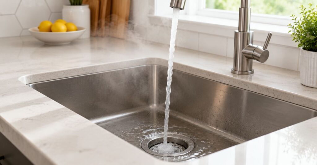 Running hot water through a garbage disposal drain before cleaning.