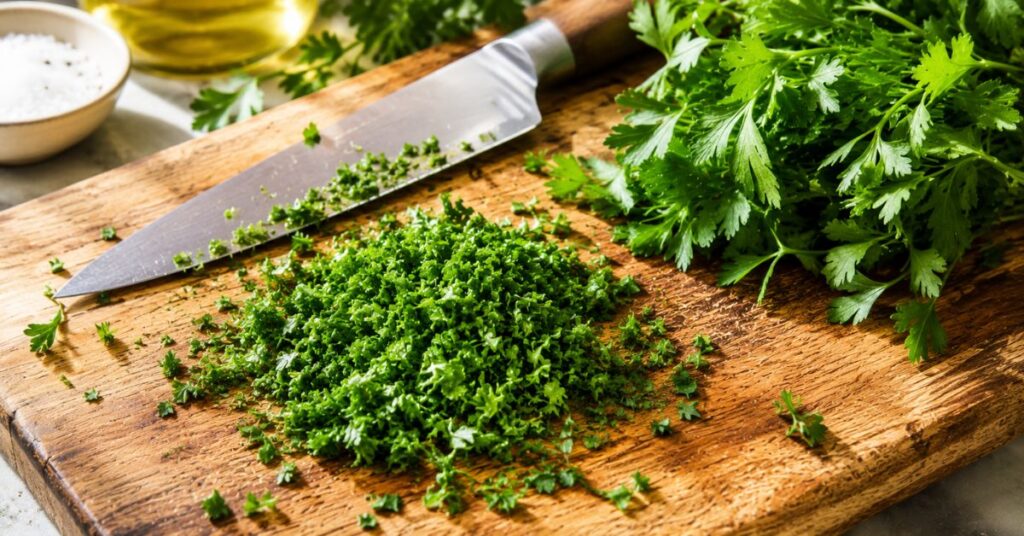 Fresh chopped parsley for garlic butter recipe.