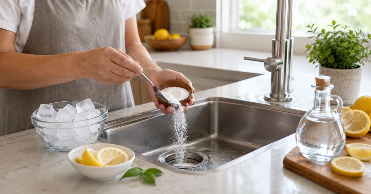 Cleaning a garbage disposal drain using baking soda, vinegar, and lemon in a modern kitchen.