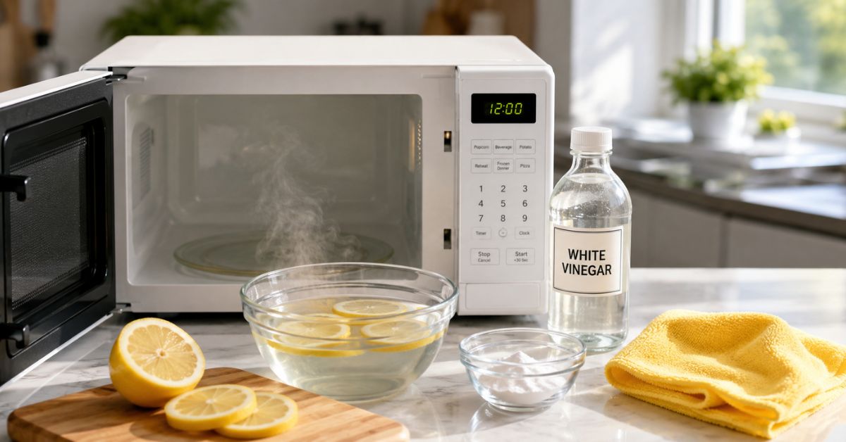 How to clean a microwave naturally using lemon, vinegar, and baking soda.