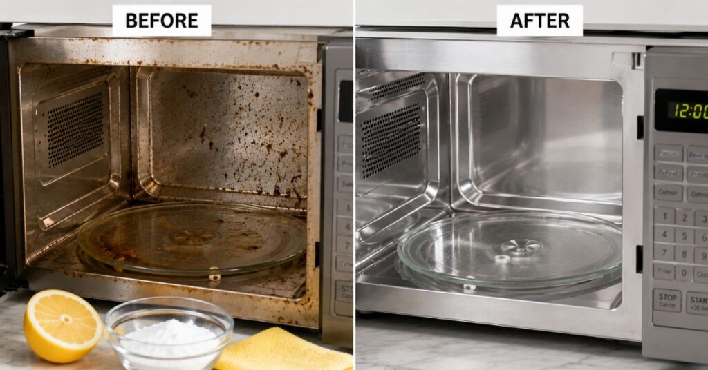 Before and after cleaning burnt food stains from a microwave naturally.