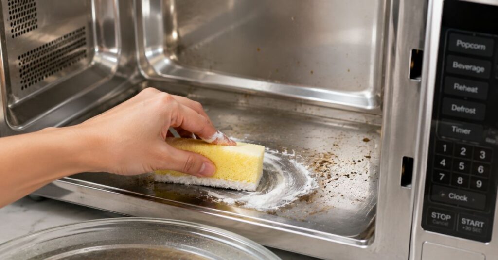 Removing stubborn microwave stains naturally with baking soda paste.