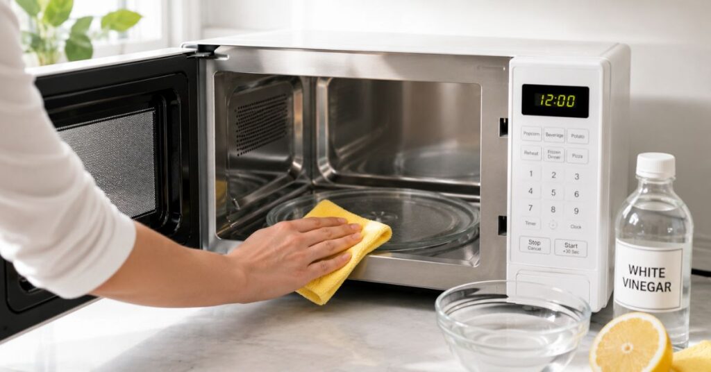 Cleaning a microwave naturally with white vinegar and a microfiber cloth.