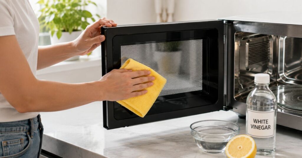 Cleaning a microwave door naturally with vinegar solution.
