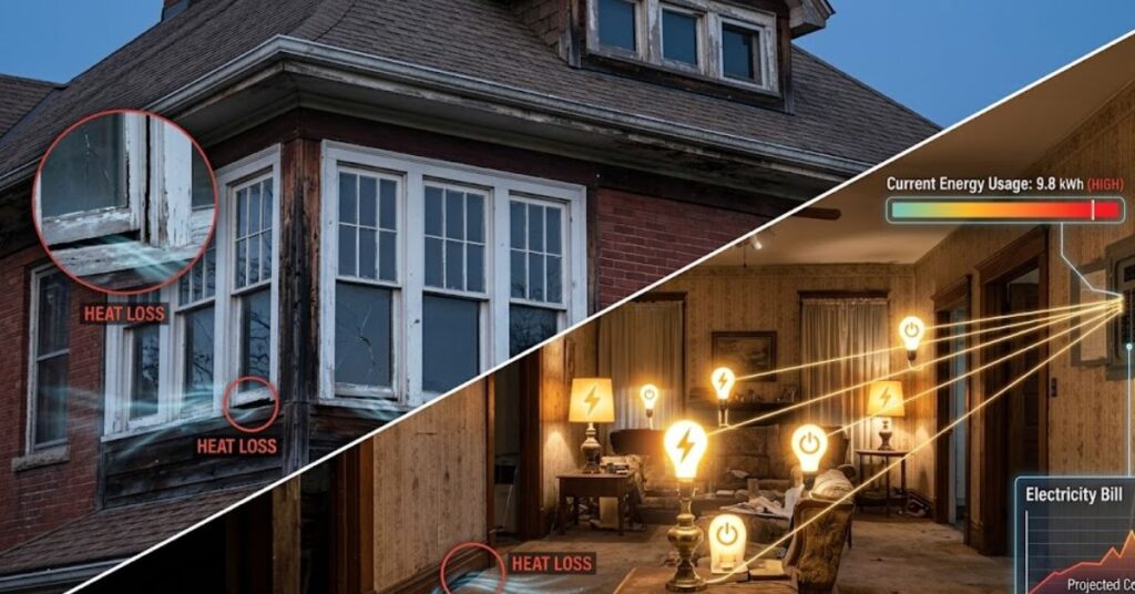 A house with old windows, visible air gaps, and high electricity usage concept with glowing bulbs and energy icons, realistic home exterior/interior mix, 1200x628