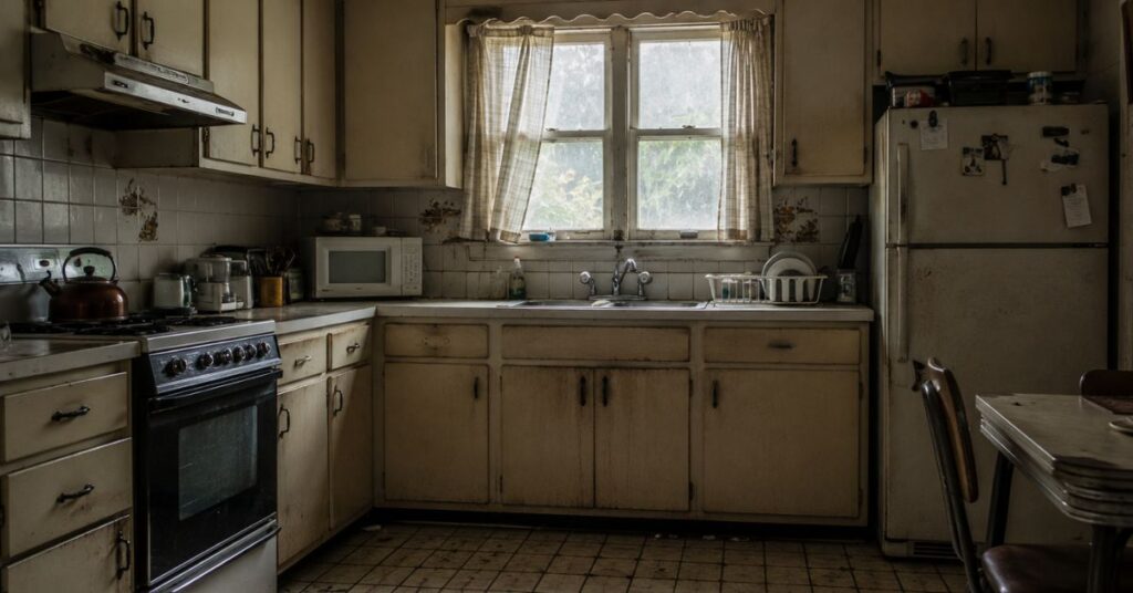 An old-fashioned kitchen with worn cabinets, outdated tiles, dull lighting, and old appliances, slightly messy look, realistic interior photography, high detail, 1200x628