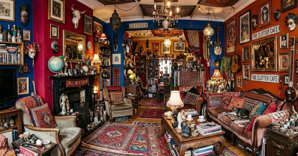 Cluttered living room with bold wall colors, heavy decorations, and overly themed decor creating a visually overwhelming and busy interior in a realistic style.