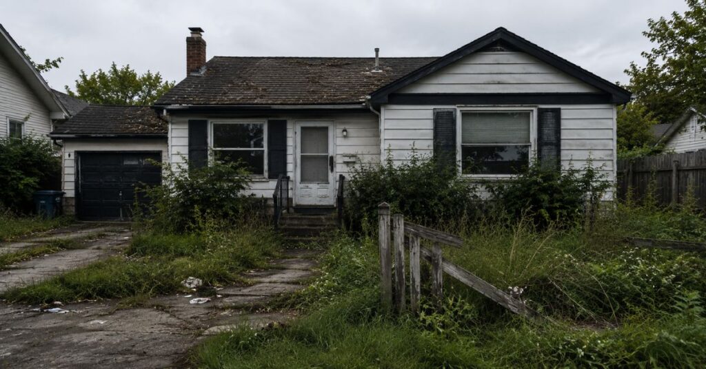 Neglected house exterior with overgrown grass, messy garden, dirty driveway, and a broken fence shown in a realistic, high-detail scene with dull lighting.