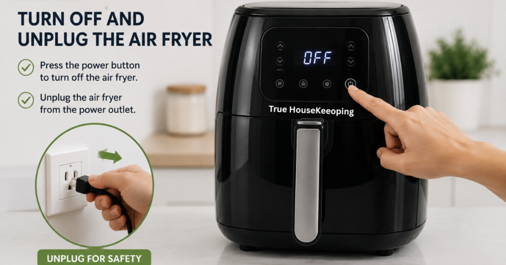 Turning off and unplugging an air fryer before cleaning to ensure safe maintenance.