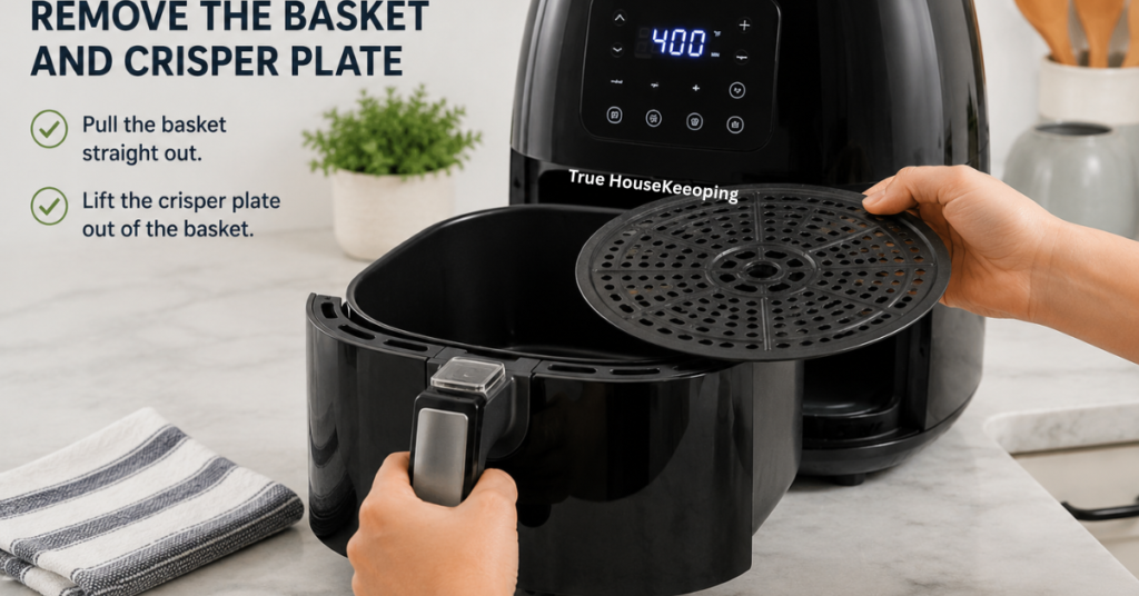 Removing the air fryer basket and crisper plate before washing and deep cleaning.