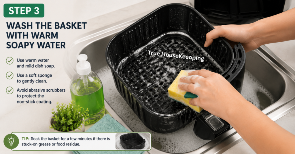 Cleaning an air fryer basket with warm soapy water and a non-abrasive sponge.