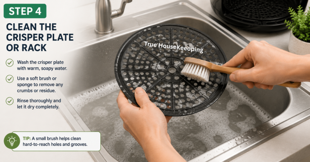 Person washing the air fryer crisper plate using a soft brush and mild dish soap.