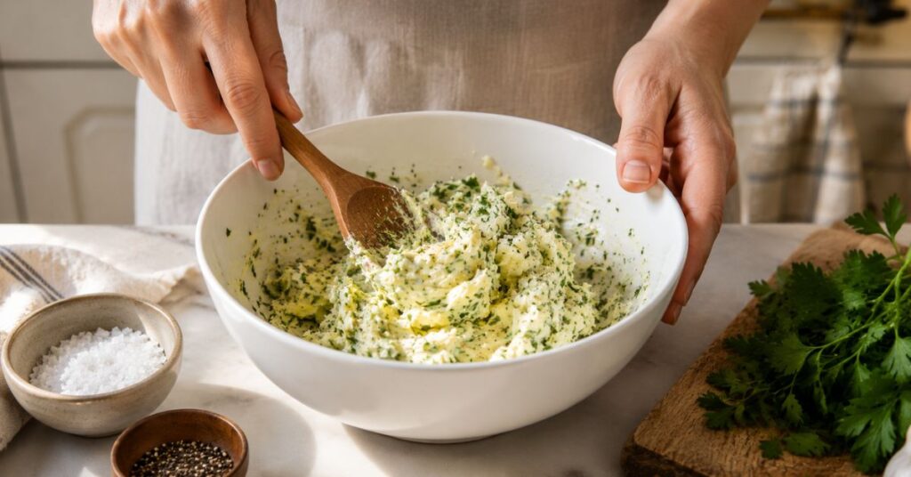 Mixing butter, garlic, and parsley to make homemade garlic butter.