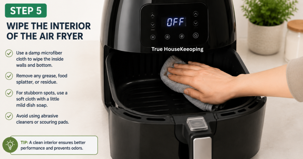 Cleaning the inside of an air fryer with a microfiber cloth for safe and effective maintenance.