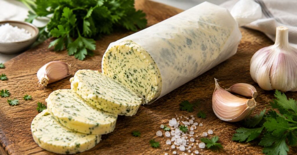 Homemade garlic butter rolled into a log for refrigeration.