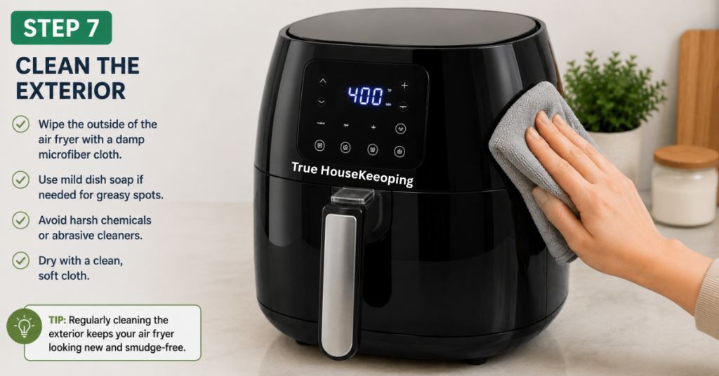 Person wiping the exterior of a black air fryer with a clean microfiber cloth on a modern kitchen countertop.
