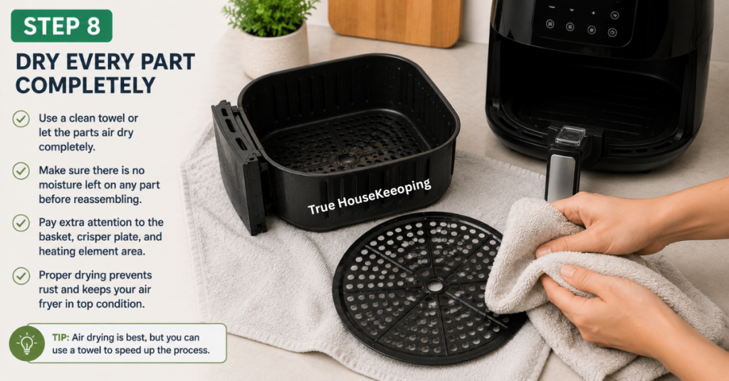 Air fryer basket and crisper plate being dried with a clean microfiber towel before reassembly.