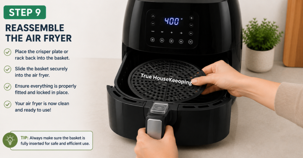 Person placing the clean crisper plate back into the air fryer basket before reassembling the appliance.