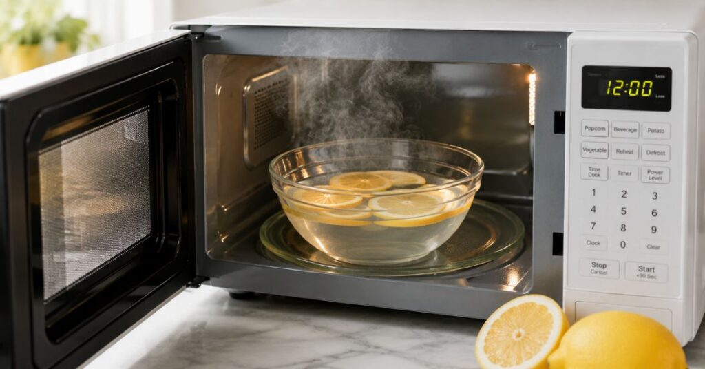 Steam cleaning a microwave naturally with fresh lemon slices.