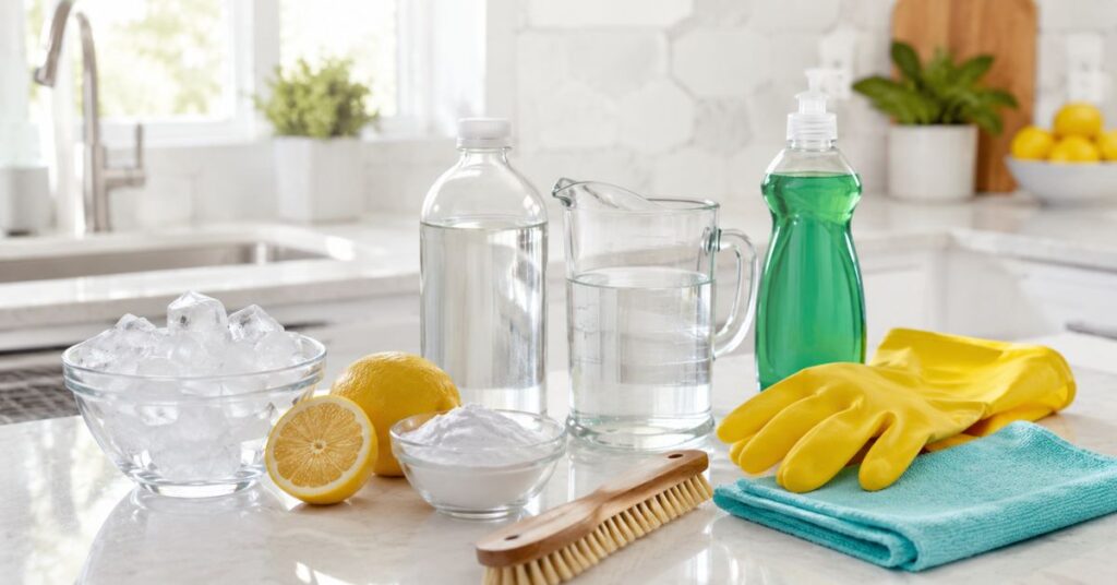Essential tools and supplies for cleaning a garbage disposal drain naturally.