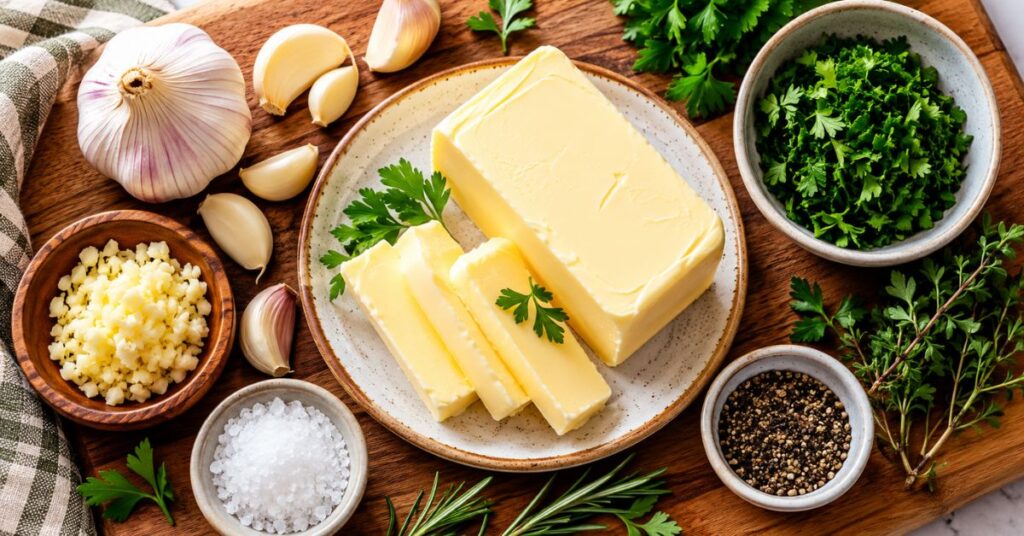 Fresh ingredients for an easy homemade garlic butter recipe including butter, garlic, parsley, salt, and black pepper.