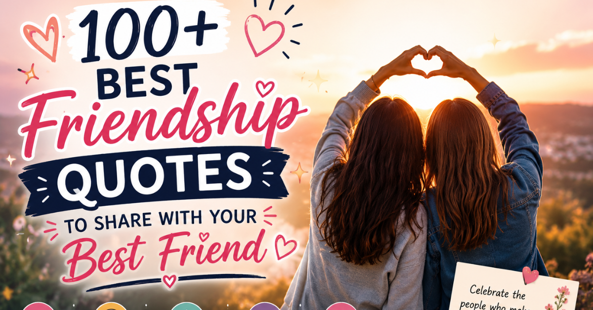 100+ Best Friendship Quotes to Share with Your Best Friend featured image with two best friends making a heart shape at sunset