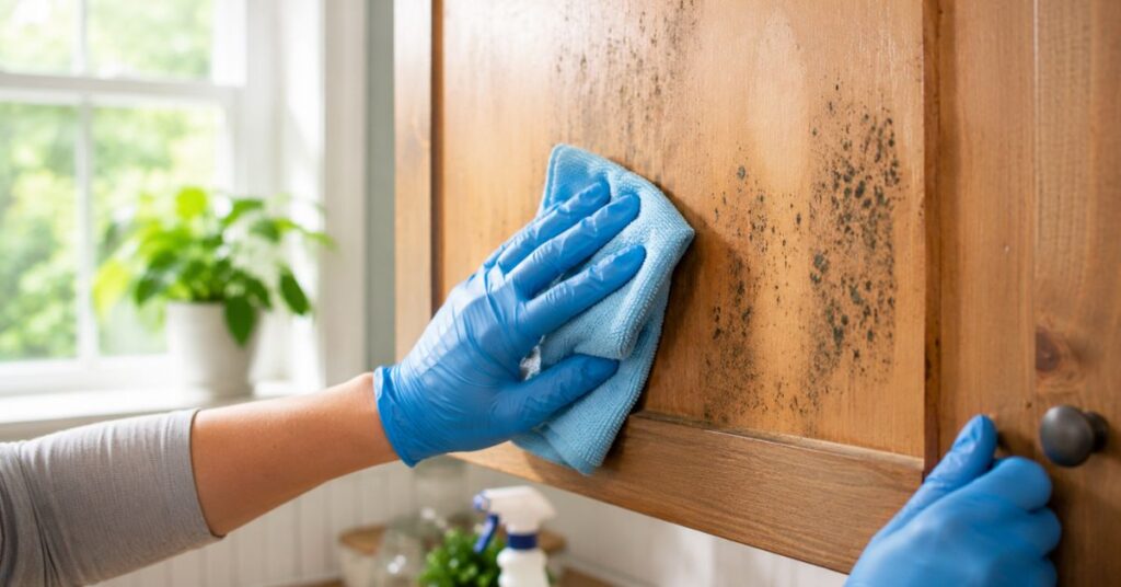Cleaning mold from wooden furniture with a soft cloth and mild soap.