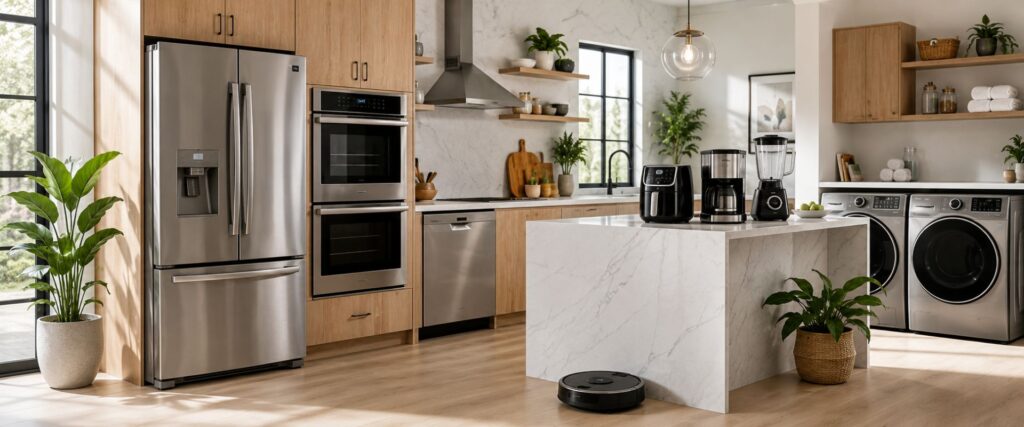 Modern home appliances including refrigerator, washing machine, dishwasher, air fryer, coffee maker, blender, microwave, and robot vacuum in a bright contemporary home.