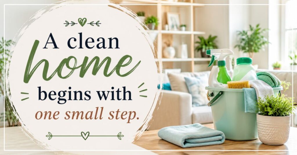 A clean home begins with one small step quote displayed in a bright, modern living room with an organized and peaceful home interior.