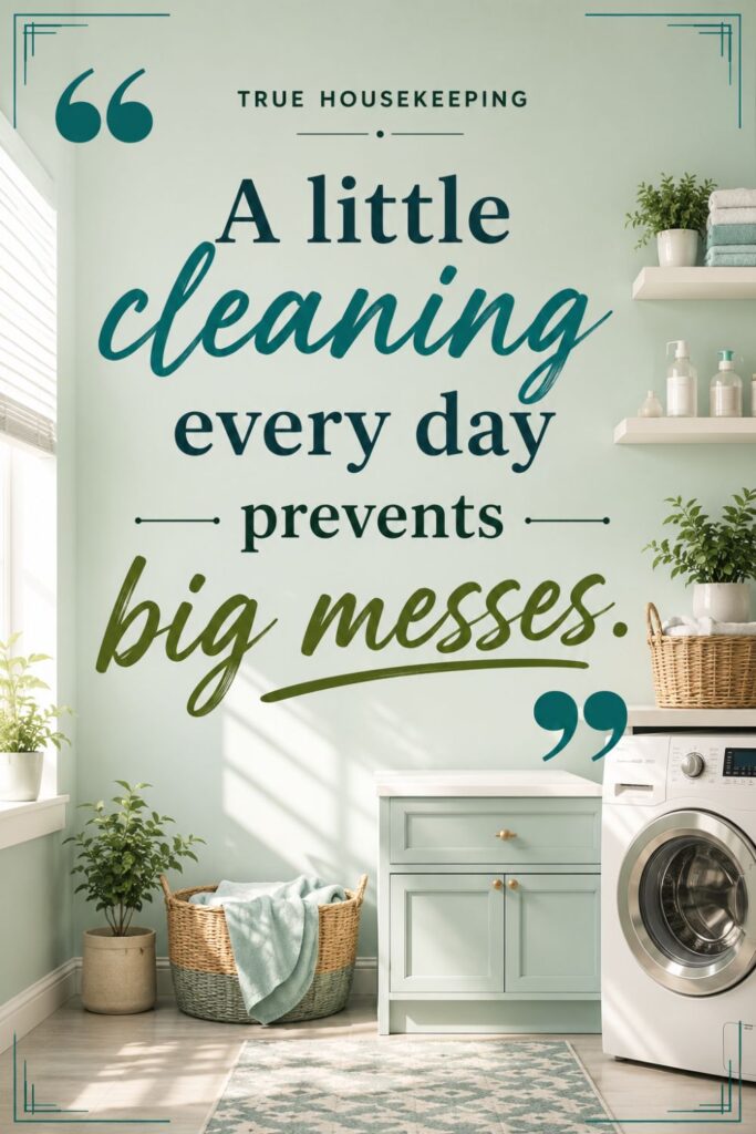 A person doing small daily cleaning tasks in a tidy home to prevent clutter and maintain a fresh living space. "A little cleaning every day prevents big messes."